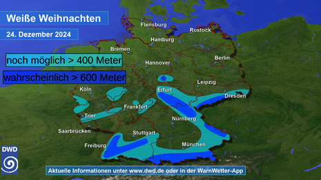 Deutschlandkarte mit farblich markierten Regionen mit erhöhten Wahrscheinlichkeiten für eine Schneedecke zu Heiligabend 2024. (Quelle DWD - Deutscher Wetterdienst)