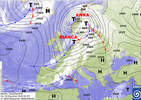 Bodenanalysekarte von Donnerstag, 19.12.2024, 06:00 UTC (07:00 MEZ) (Quelle DWD - Deutscher Wetterdienst)