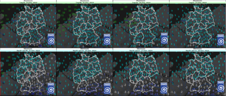 Vorhersage der Höchsttemperatur (oben) und Tiefsttemperatur (unten) für Dienstag (24.12.2024) bis Freitag (27.12.2024) (Quelle Deutscher Wetterdienst)