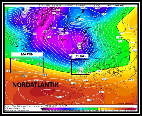 (Abbildung 1) Geopotential in 500 hPa (Farbe) sowie Bodendruck (weiße Linien) am 26.12.1999 um 06 UTC (Quelle ERA 5 Archiv)