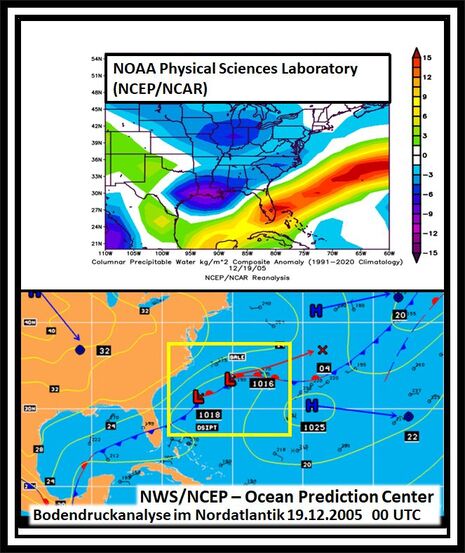 Anomalie des niederschlagbaren Wassers zur Klimatologie von 1991 bis 2020 und Frontenanalyse vom 19.12.2005, 00 UTC (Quelle NOAA und Ocean Prediction Center, NWS/NCEP)