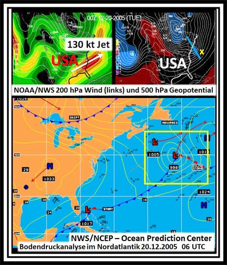 Windfeld in 200 hPa farbig unterlegt, Druck in 500 hPa (weiße Linien) und Abweichung des Drucks zur Klimatologie (farbig unterlegt) sowie Frontenanalyse. (Quelle NOAA/NWS/NCEP)