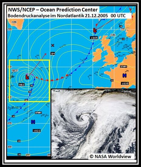 Frontenanalyse und Satellitenbild vom 21.12.2005, 00 UTC (Quelle NWS/NCEP und NASA Worldview)