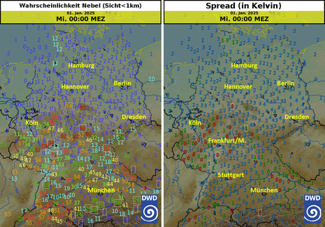 Nebelwahrscheinlichkeit (links) und Spread (rechts) für die Stunde vor Mitternacht in der Neujahrsnacht (von 23:00 MEZ am 31.12.24 bis 00:00 MEZ am 1.1.25). (Quelle Deutscher Wetterdienst)