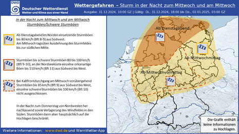 Schematische Grafik für den Sturm in der Silvesternacht und am Neujahrstag. Vor allem im Norden und Nordwesten auch teils schwerer Sturm. (Quelle Deutscher Wetterdienst)