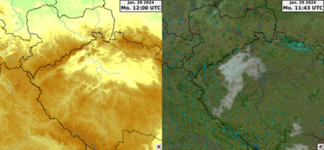 Orografie des Böhmischen Beckens, rechts: Satellitenbild mit Temperaturen am 29.01.2024 12:43 Uhr.