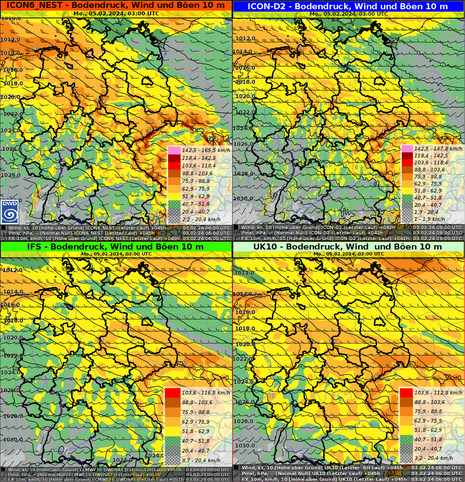 Windprognose verschiedener Modelle für Montag, den 05.02.2024 um 03 UTC (Quelle DWD - Deutscher Wetterdienst)
