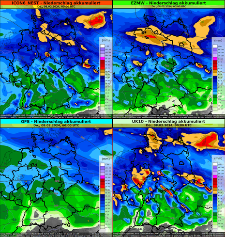 Akkumulierte Niederschlagsmenge von Samstag, den 03.02.2024 bis zur Nacht zum Donnerstag, den 08.02.2024 (Quelle DWD - Deutscher Wetterdienst)
