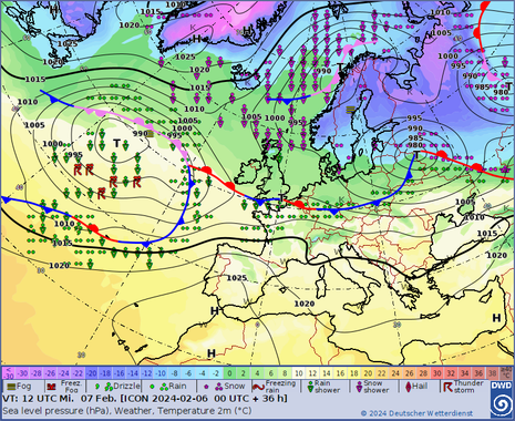 Bodenvorhersagekarte mit Fronten und Wettersymbolen für Mittwoch, 07.02.2024, 12 UTC (13 MEZ) (Quelle Deutscher Wetterdienst)