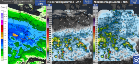 Niederschlagssumme der letzten 24 Stunden (Mitte) beziehungsweise 48 Stunden (rechts) bis Donnerstag, 08.02.2024 07 Uhr MEZ, Prognose für weitere Regenmengen bis Freitagfrüh vom ICON-D2 Modell (links) (Quelle DWD)