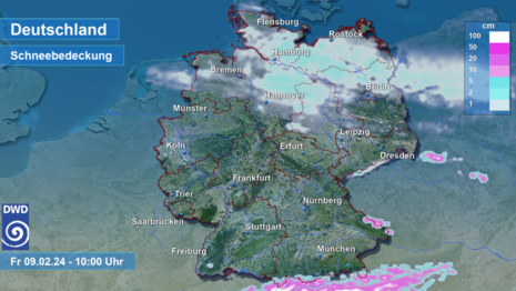 Prognostizierte Schneebedeckung in Zentimetern vom ICON-D2 Modell für Freitag, 09.02.2024 10 Uhr MEZ (Quelle DWD)