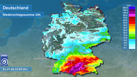 24-stündige Niederschlagssumme von Freitagmorgen, den 31.05.2024 08 MESZ bis Samstagmorgen, den 01.06.2024 08 MESZ (Quelle DWD)