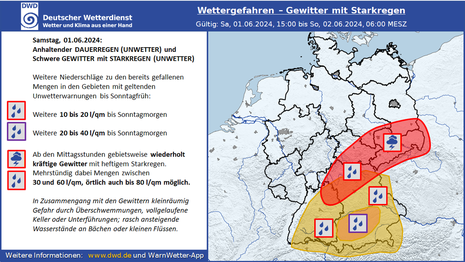 Gewitter- und Starkregenpotenzial am Samstag, den 01.06.2024 bis in die Nacht zum Sonntag, den 02.06.2024 (Quelle DWD)