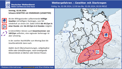 Gewitter- und Starkregenpotenzial am Sonntag, den 02.06.2024 bis in die Nacht zum Montag, den 03.06.2024 (Quelle DWD)