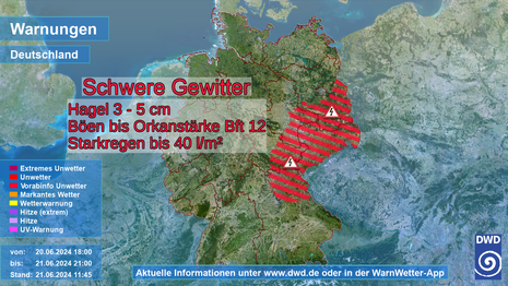 Abb 2: Deutschlandkarte zeigt den von erhöhtem Unwetterpotenzial betroffenen, schraffierten Bereich im Osten Deutschlands sowie die möglichen Begleiterscheinungen der schweren Gewitter. (Quelle DWD - Deutscher Wetterdienst)