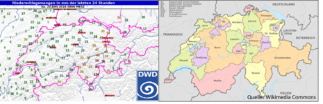 Die Graphik zeigt die gemessenen 24-stündigen Niederschlagsmengen vom 21.06.2024 06 UTC bis zum 22.06.2024 06 UTC. (Quelle DWD)