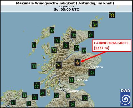 Maximale Windgeschwindigkeiten in Schottland in den drei Stunden 00 bis 03 UTC (02 bis 05 Uhr MESZ) mit höchster Windgeschwindigkeit auf dem Cairngorm-Gipfel. (Quelle DWD)