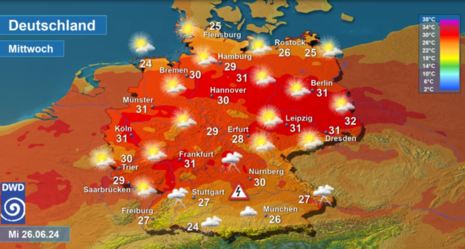 Wettervorhersage sowie Vorhersage der Tageshöchsttemperaturen in Deutschland am Mittwoch, den 26.06.2024 (Quelle DWD)