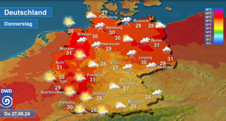 Wettervorhersage sowie Vorhersage der Tageshöchsttemperaturen in Deutschland am Donnerstag, den 27.06.2024 (Quelle DWD)