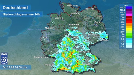 Aus Radardaten abgeleitete Niederschlagsmengen von Mittwochfrüh, den 26.06.2024 bis Donnerstagfrüh, den 27.06.2024 (Quelle Deutscher Wetterdienst)