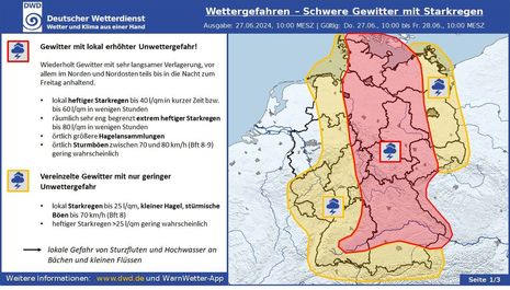 Grafik zur Gewitterlage am Donnerstag, den 27.06.2024 und die Nacht zum Freitag, den 28.06.2024 (Quelle Deutscher Wetterdienst)