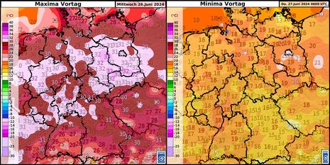 Höchstwerte am Mittwoch, den 26.06.2024 (links) und Tiefstwerte in der Nacht zum Donnerstag, den 27.06.2024 (rechts) (Quelle Deutscher Wetterdienst)