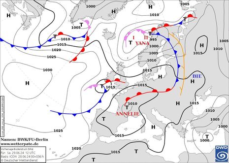 Isobarenkarte Europa mit Fronten und Drehzentren für Samstag, 29.06.2024 mittags (Quelle DWD)