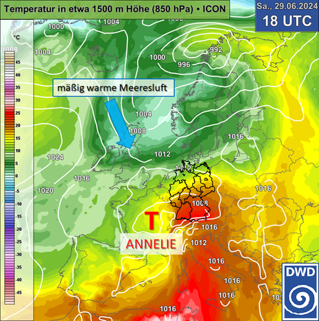 Luftdruck am Boden (weiße Linien) und Temperatur in rund 1500 m Höhe (Farbfläche) für Samstag, 29.06.2024, 18 UTC (ICON-Prognose). (Quelle Deutscher Wetterdienst)