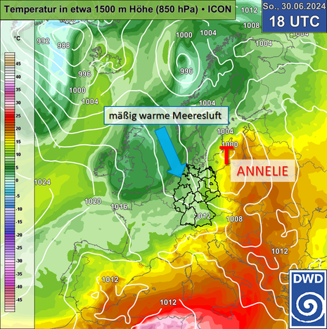 Luftdruck am Boden (weiße Linien) und Temperatur in rund 1500 m Höhe (Farbfläche) für Sonntag, 30.06.2024, 18 UTC (ICON-Prognose). (Quelle Deutscher Wetterdienst)