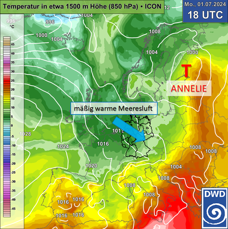 Luftdruck am Boden (weiße Linien) und Temperatur in rund 1500 m Höhe (Farbfläche) für Montag, 01.07.2024, 18 UTC (ICON-Prognose). (Quelle Deutscher Wetterdienst)