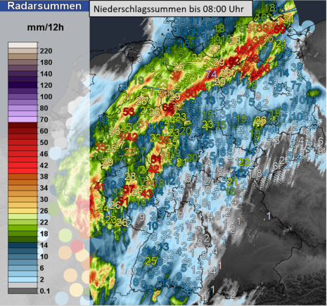 12 stündige Niederschlagssummen bis 08 Uhr. (Quelle DWD)