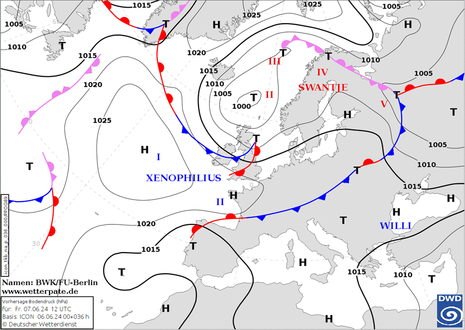 Frontenvorhersagekarte für den heutige Freitag um 12 UTC (Quelle Deutscher Wetterdienst)