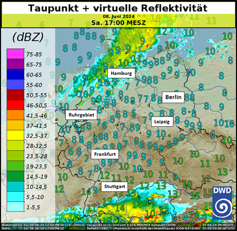 Taupunkt (Modell MOSMIX) und virtuelle Reflektivität (Modell ICON-D2) für den morgigen Samstagnachmittag (17 Uhr MESZ) (Quelle Deutscher Wetterdienst)