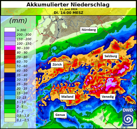 Akkumulierter Niederschlag nach ICON-EU vom heutigen Freitag 00 UTC (02 MESZ) bis zum kommenden Dienstag um 12 UTC (14 MESZ) (Quelle Deutscher Wetterdienst)