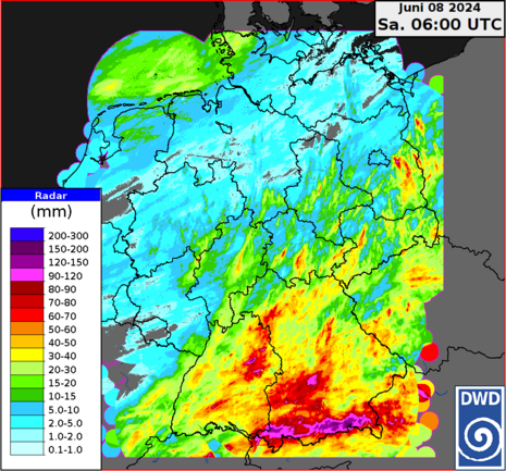Aus Radardaten abgeleitete Niederschlagsmengen in Liter pro Quadratmeter seit dem 01. Juni (Quelle DWD)