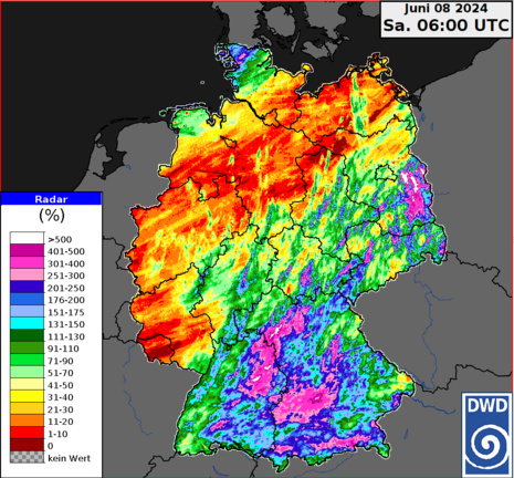 Niederschlagsmengen im bisherigen Juni relativ zum vieljährigen Mittel (Quelle DWD)