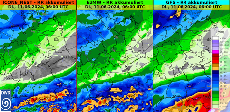 Von drei verschiedenen Modellen vorhergesagte akkumulierte Niederschlagsmengen bis Dienstagfrüh (Quelle DWD)