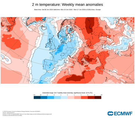Prognostizierte Temperaturanomalie für die Woche vom 10 bis zum 17 Juni 2024 (Quelle ECMWF)