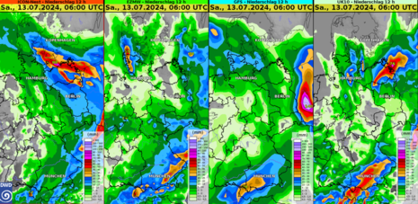 Vergleich von vier verschiedenen Wettermodellen bei der 12-stündigen Niederschlagsvorhersage für die kommende Nacht zum Samstag. (Quelle DWD)