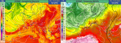 Diese Grafik zeigt die Großwetterlage mit einem hochreichenden Tiefdruckgebiet über Frankreich am Montag den 15.07.2024 um 12 UTC. (Quelle Deutscher Wetterdienst)