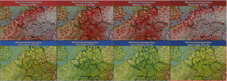 Diese Grafik zeigt die Temperaturvorhersage für Deutschland bis Donnerstag den 18.07.2024. Dabei werden vor allem im Süden und Südosten häufig Höchstwerte von um 30 Grad erwartet. (Quelle Deutscher Wetterdienst)