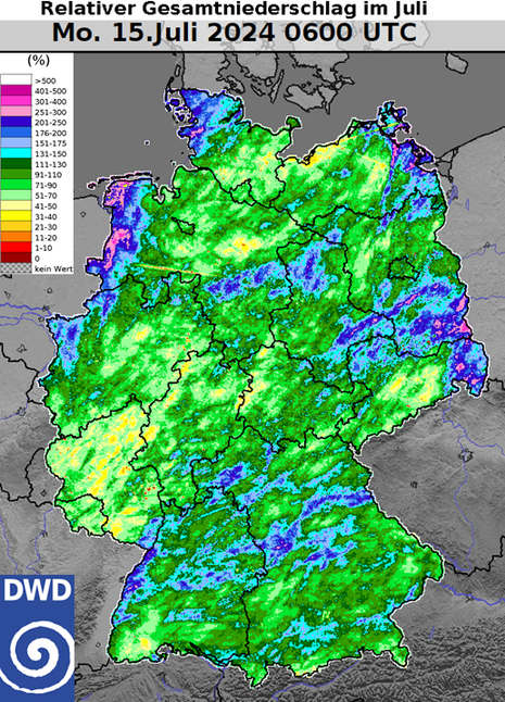 Abb 2: Deutschlandkarte mit einer flächigen Farbdarstellung der relativen Gesamtniederschlagsmenge im Juli in Bezug auf das klimatologische Mittel. (Quelle DWD - Deutscher Wetterdienst)