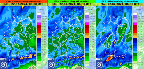 Abb 3: Deutschlandkarte mit einer flächigen Farbdarstellung der bis zum nächsten Montag, den 22.07.2024 vorhergesagten Gesamtniederschlagsmenge. (Quelle DWD - Deutscher Wetterdienst)