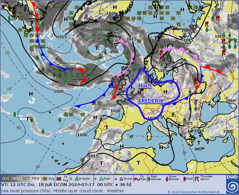 Frontenvorhersage nach dem DWD-Modell ICON mit Wolken- und Wetterprognose sowie dem Hoch FREDERIK