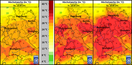 Höchsttemperaturen der kommenden Tage (links: Donnerstag, Mitte: Freitag, rechts: Samstag) nach MOSMIX