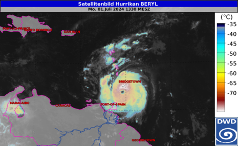 atellitenbild des Hurrikans BERYL mit eingefärbten Temperaturen der Wolkenobergrenzen vom 01.07.2024 um 11:30 UTC. (Quelle Deutscher Wetterdienst (DWD))