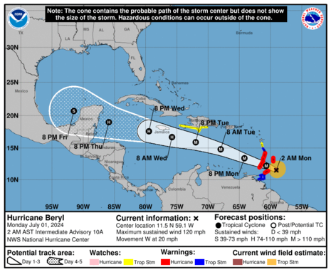 Prognose der weiteren Entwicklung von Hurrikan BERYL ausgegeben vom zuständigen National Hurricane Center (Quelle https://www.nhc.noaa.gov/)