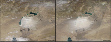 Zwei Satellitenbilder zeigen einen Staubausbruch über der Aralkum-Region am 23. und 24. März 2020. (Quelle Nasa Worldview )