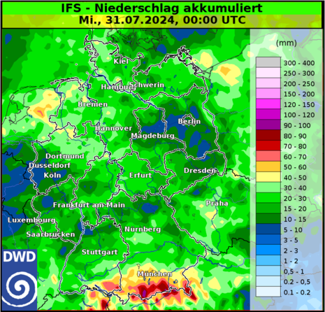 Prognostizierte Regenmengen nach dem europäischen Modell IFS bis 31. Juli 2024, 00 UTC. (Quelle Deutscher Wetterdienst)