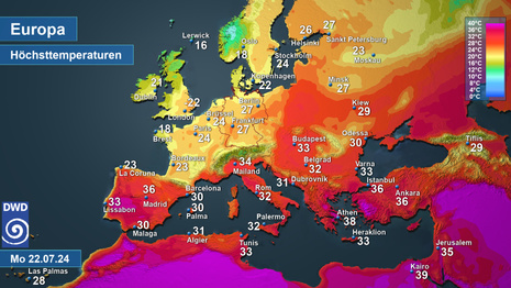 Europakarte mit den vorhergesagten Tageshöchstwerten für Montag, den 22. Juli 2024. (Quelle DWD)